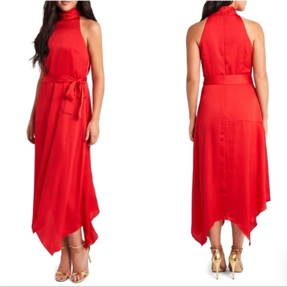 Vince Camuto Ultra Red Mock Halter Neck Hammer Satin Sleeveless Midi Dress  0 - Picture 1 of 14